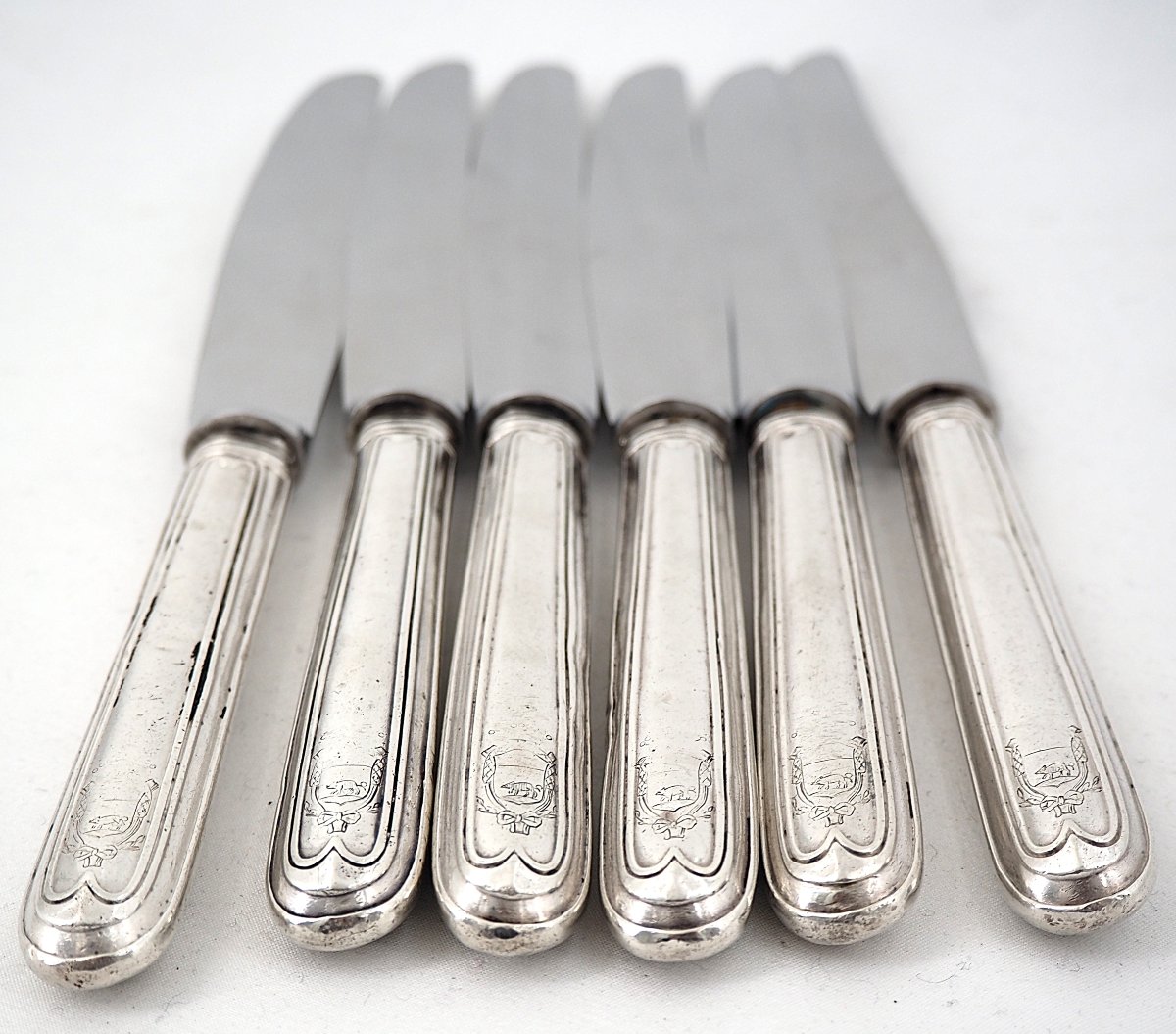 6 Solid Silver Table Knives, 18th Century, Coat Of Arms, Filet.-photo-2
