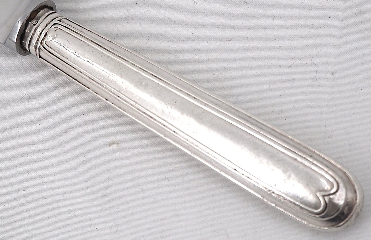 6 Solid Silver Table Knives, 18th Century, Coat Of Arms, Filet.-photo-4
