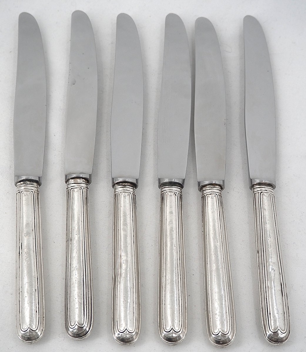 6 Solid Silver Table Knives, 18th Century, Coat Of Arms, Filet.-photo-5