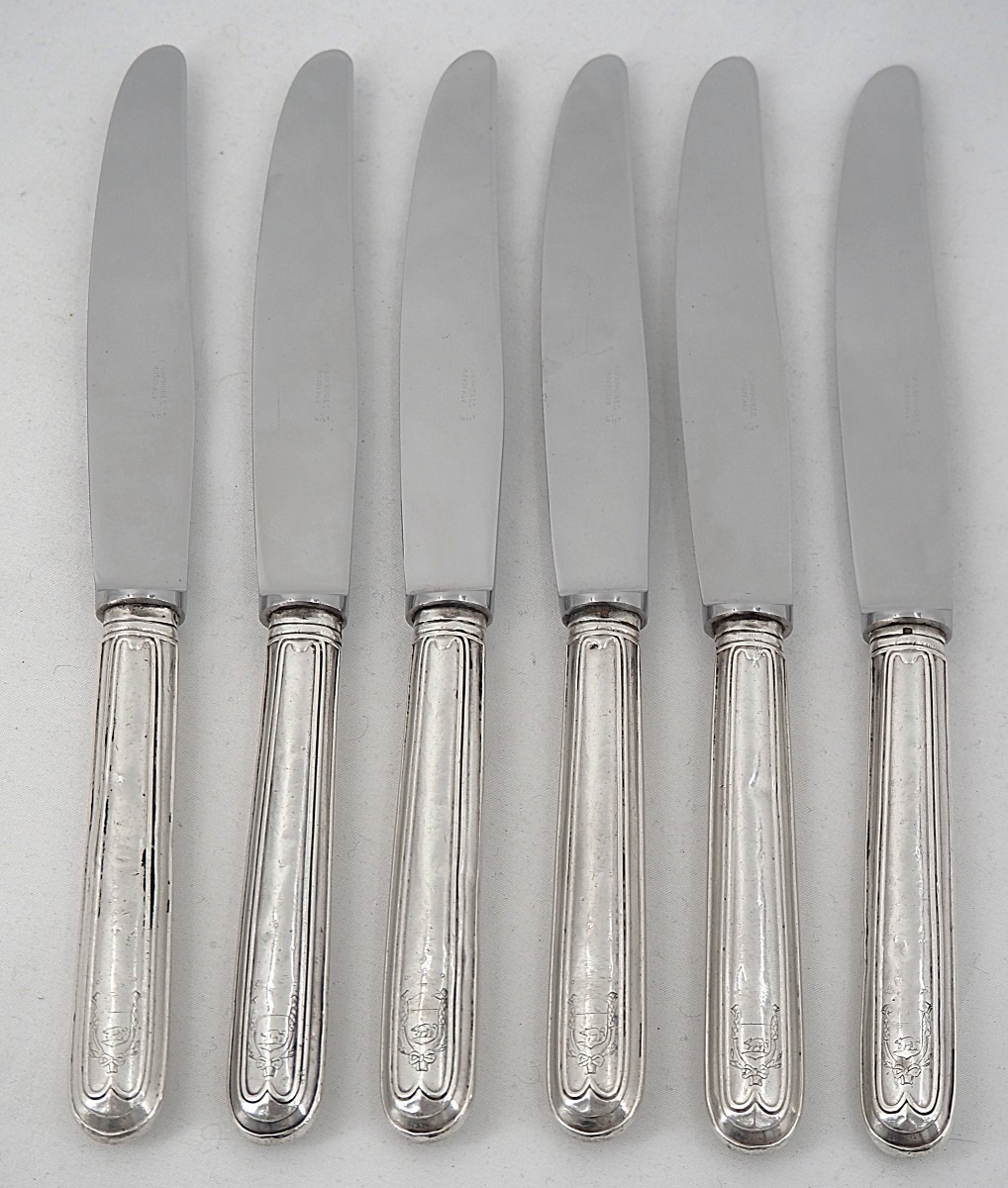 6 Solid Silver Table Knives, 18th Century, Coat Of Arms, Filet.