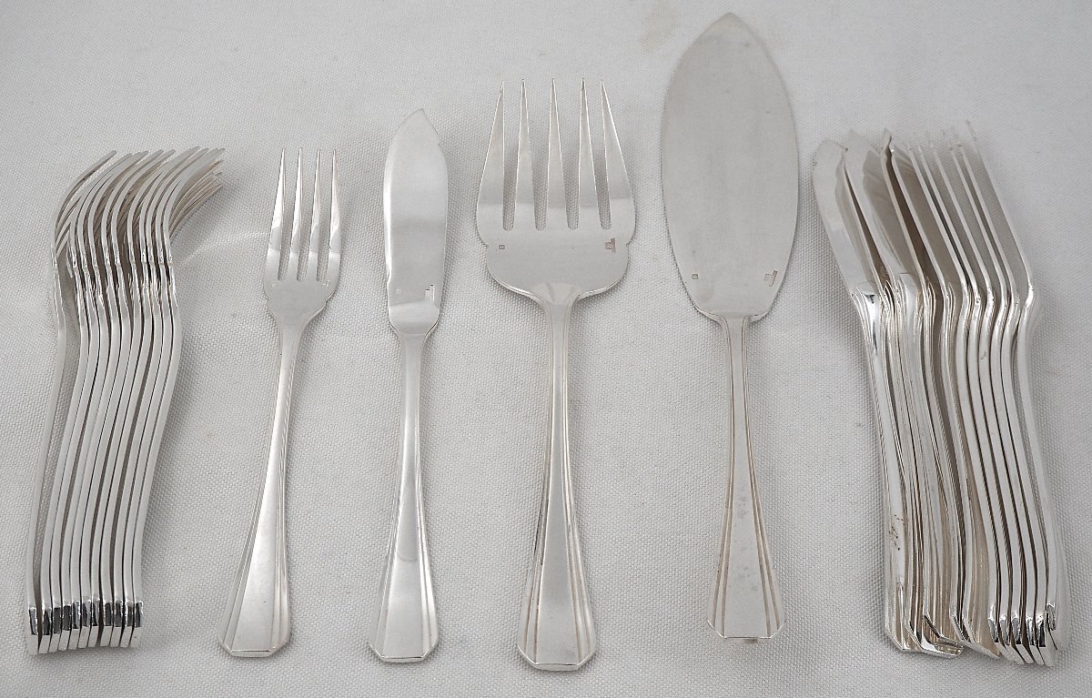 Christofle Boréal Art Déco 12 Fish Cutlery Sets + Serving Set, 26 Pieces, Silver-plated Metal-photo-2
