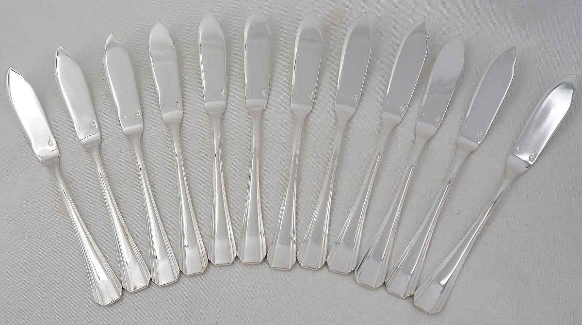 Christofle Boréal Art Déco 12 Fish Cutlery Sets + Serving Set, 26 Pieces, Silver-plated Metal-photo-4