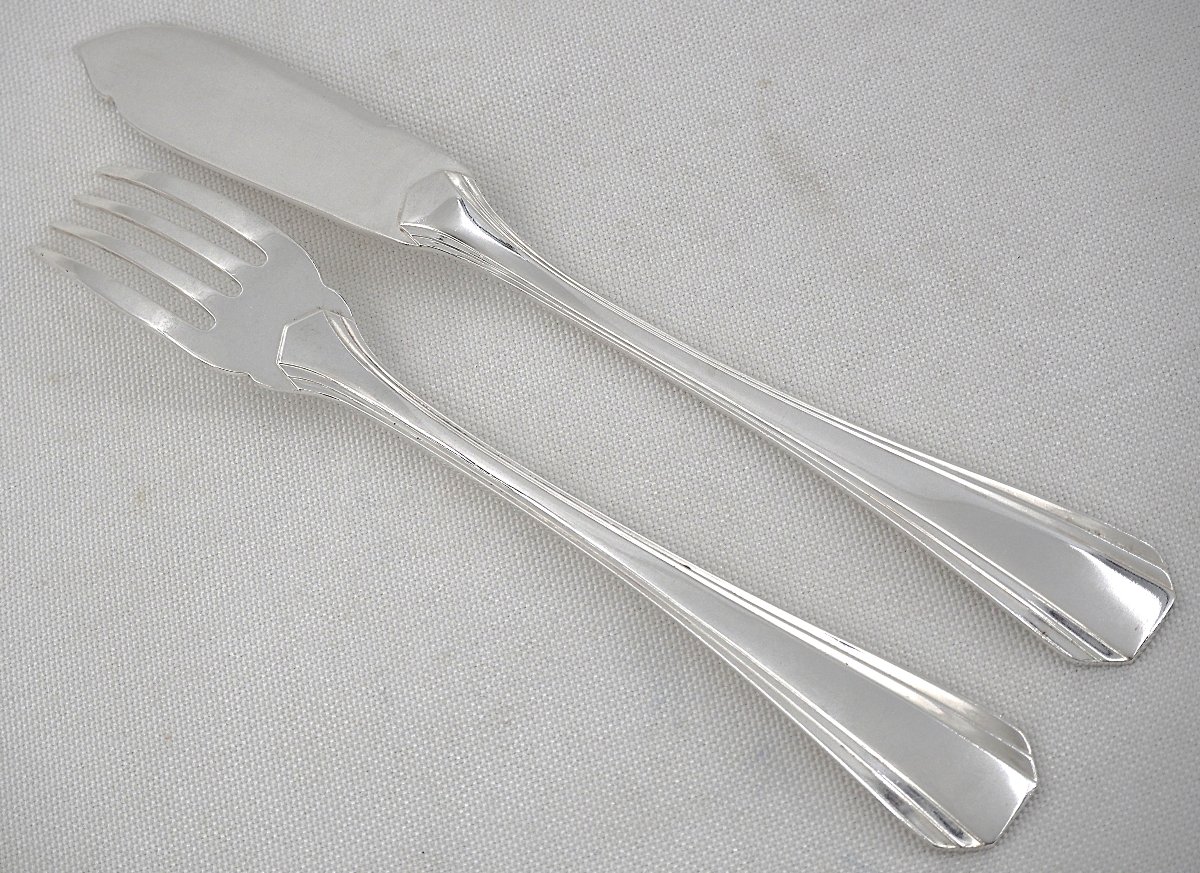 Christofle Boréal Art Déco 12 Fish Cutlery Sets + Serving Set, 26 Pieces, Silver-plated Metal-photo-3