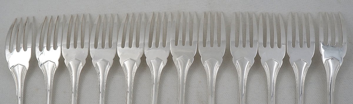 Christofle Boréal Art Déco 12 Fish Cutlery Sets + Serving Set, 26 Pieces, Silver-plated Metal-photo-4