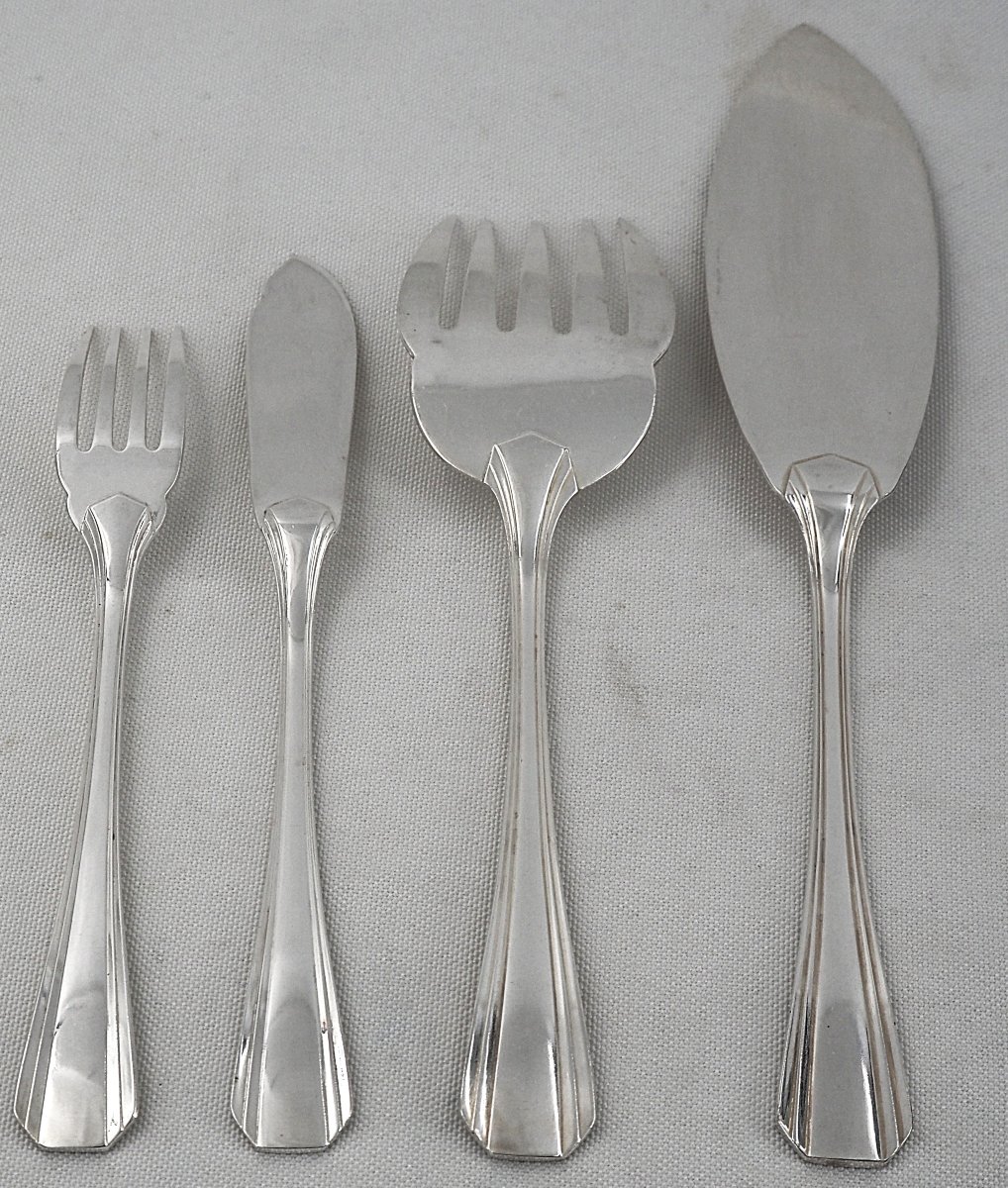 Christofle Boréal Art Déco 12 Fish Cutlery Sets + Serving Set, 26 Pieces, Silver-plated Metal-photo-5