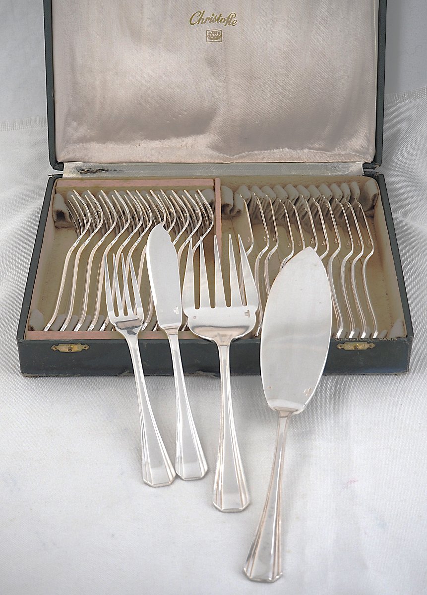 Christofle Boréal Art Déco 12 Fish Cutlery Sets + Serving Set, 26 Pieces, Silver-plated Metal