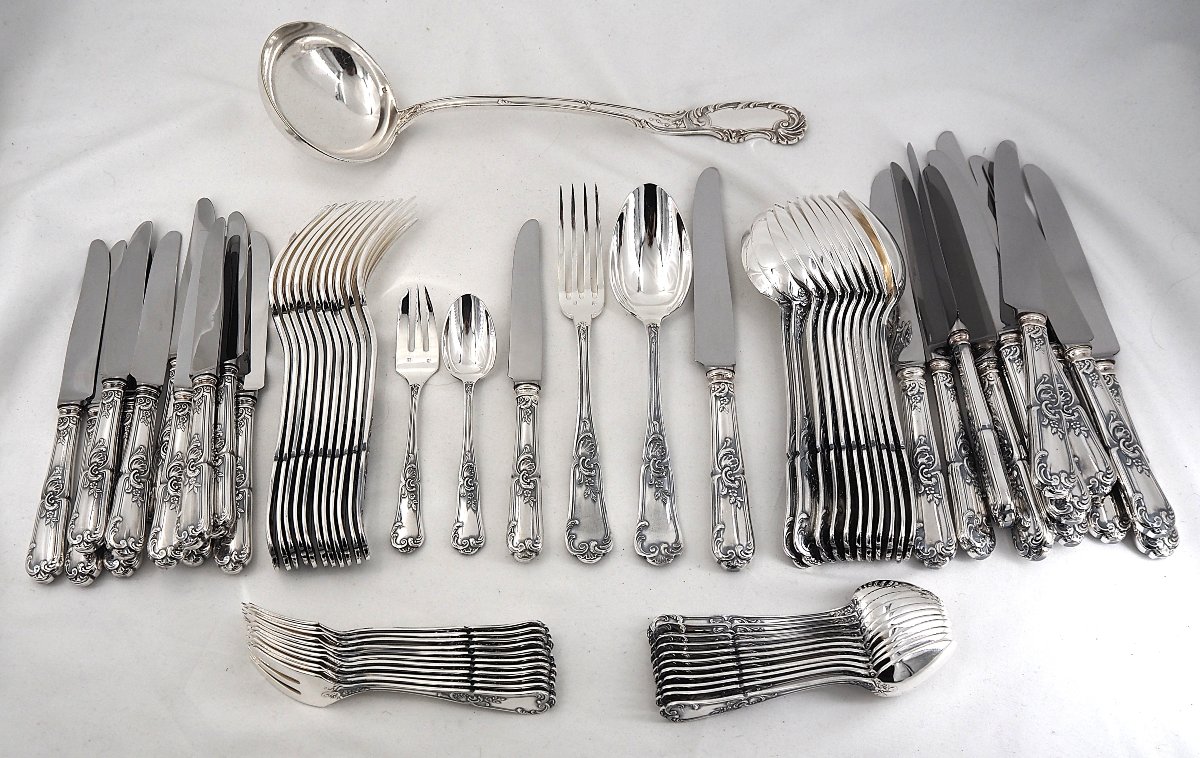 Orbrille Louis XV, Menagère Set 73 Pieces In Silver-plated Metal, In Excellent Condition.-photo-2