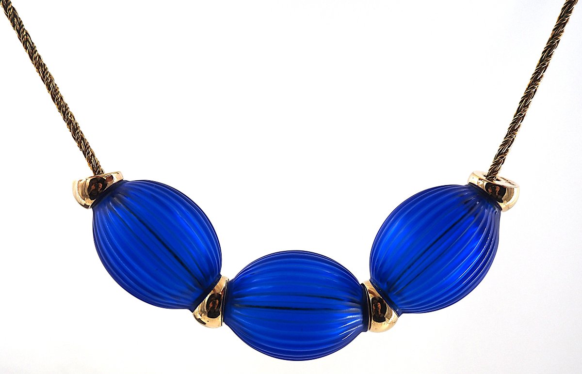 Collier Lalique modèle "Nerita" bleu , excellent état, signé.-photo-3