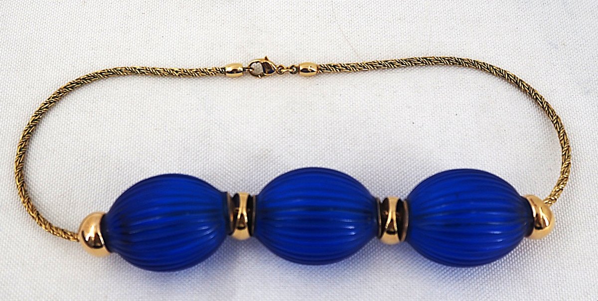 Collier Lalique modèle "Nerita" bleu , excellent état, signé.-photo-1
