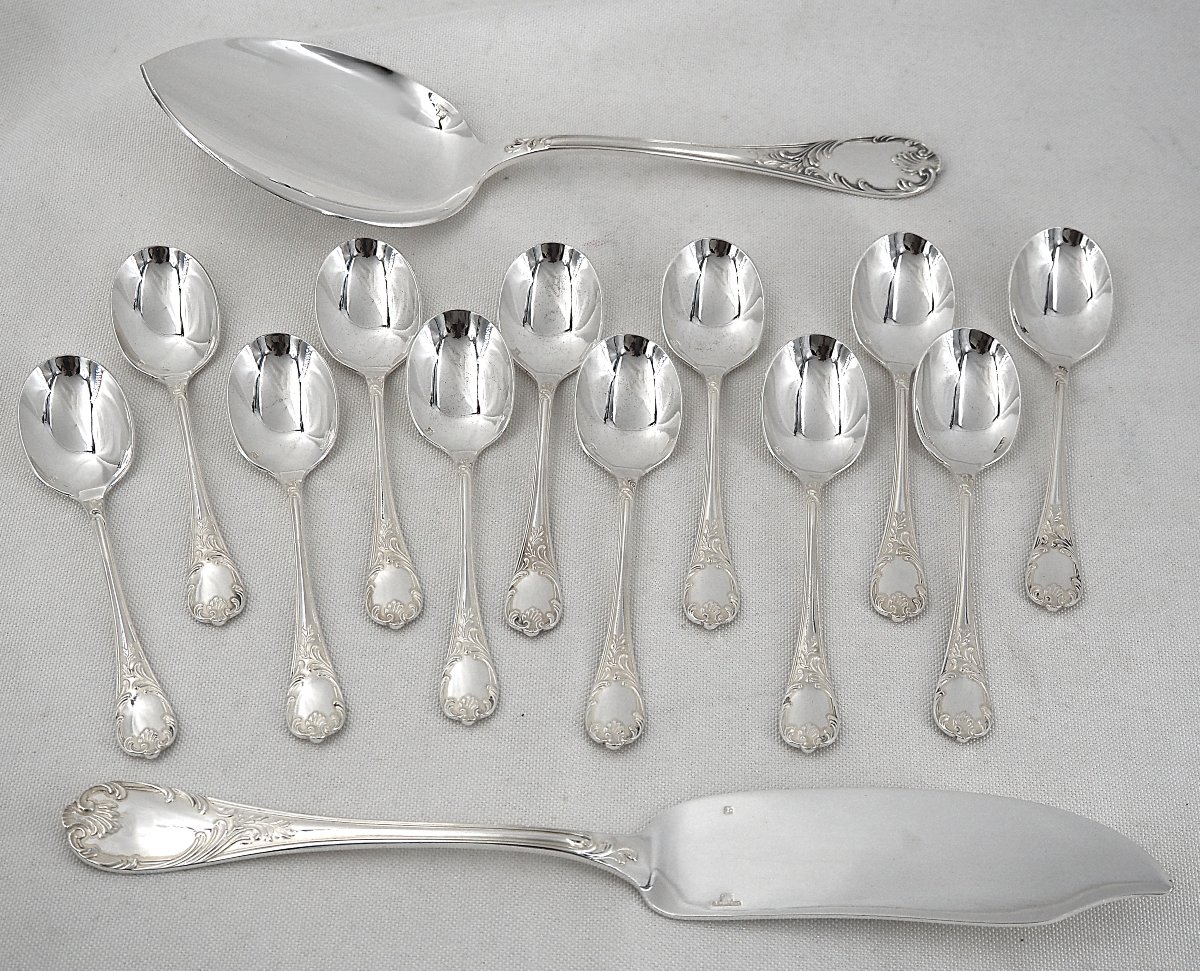 Christofle Marly 12 Ice Cream Spoons + 1 Serving Spoon, Silver-plated, 14-piece Set.-photo-2