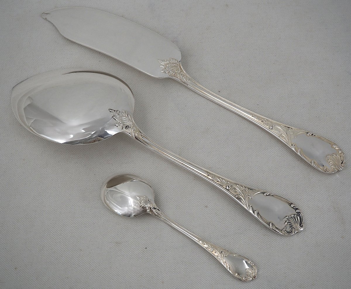 Christofle Marly 12 Ice Cream Spoons + 1 Serving Spoon, Silver-plated, 14-piece Set.-photo-4