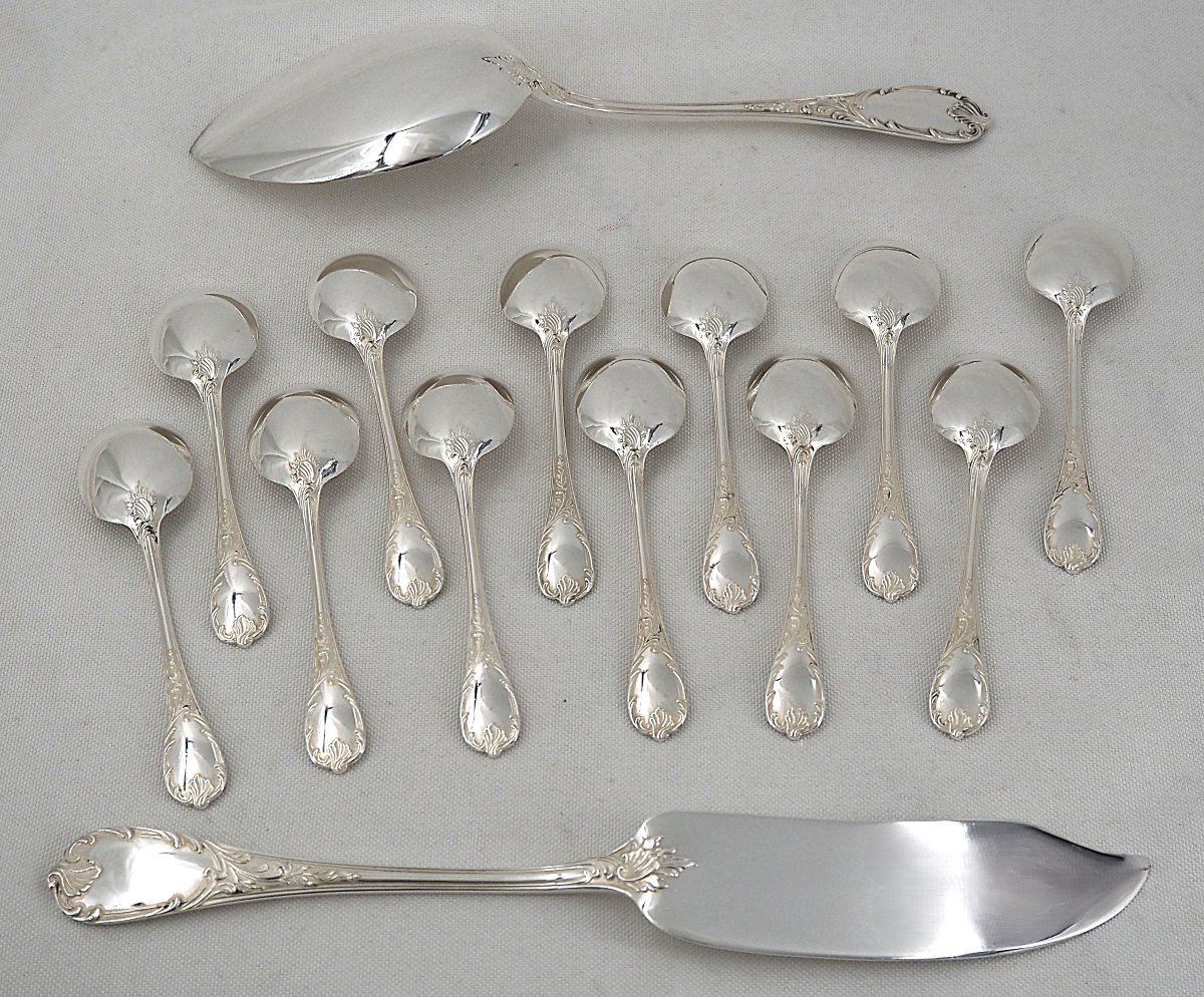 Christofle Marly 12 Ice Cream Spoons + 1 Serving Spoon, Silver-plated, 14-piece Set.-photo-5