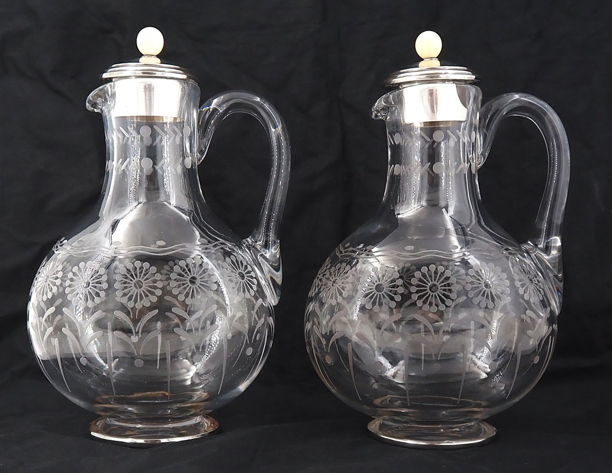 Baccarat, Pair Of Engraved Crystal And Solid Silver Decanters, In Excellent Condition.-photo-2
