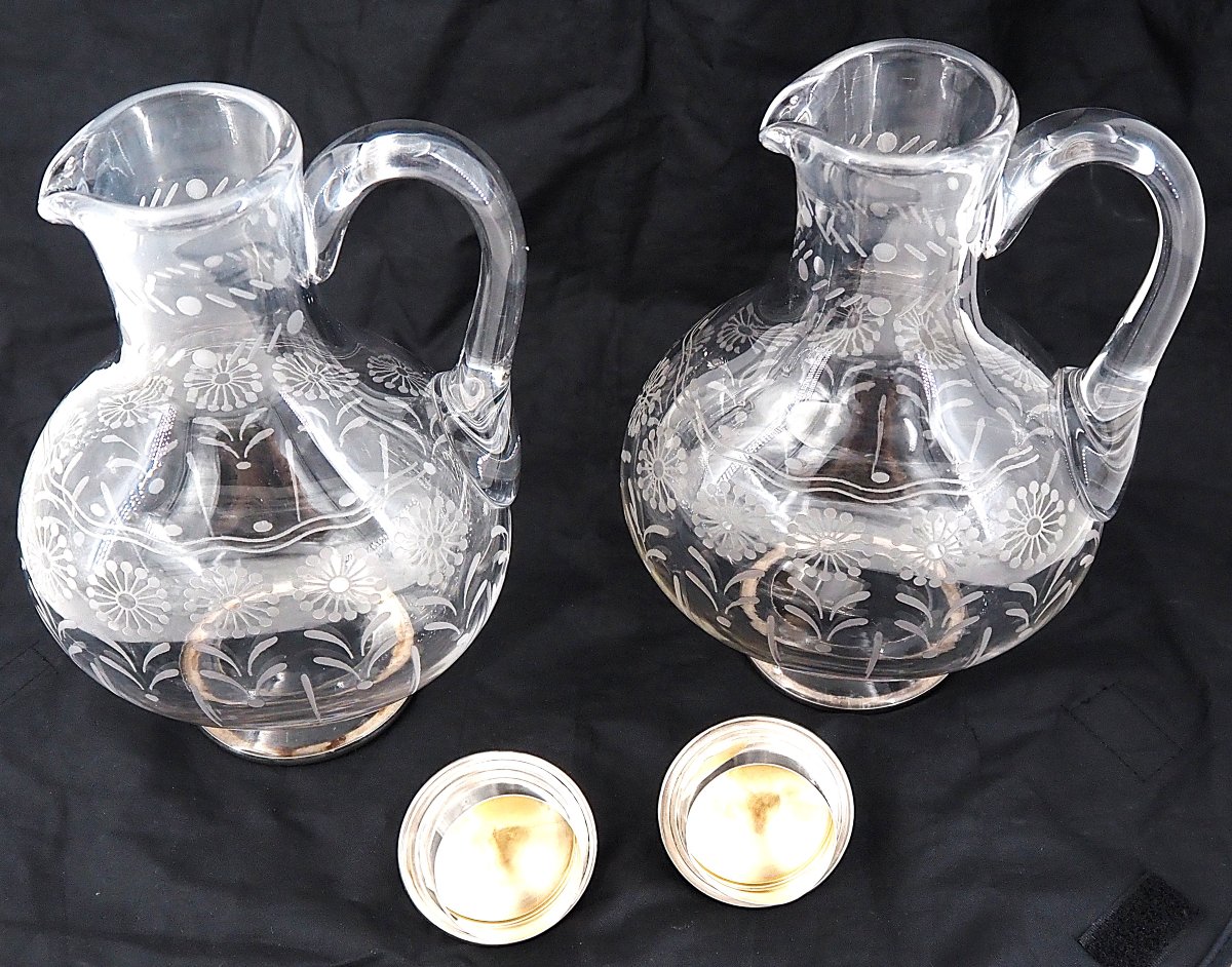 Baccarat, Pair Of Engraved Crystal And Solid Silver Decanters, In Excellent Condition.-photo-4