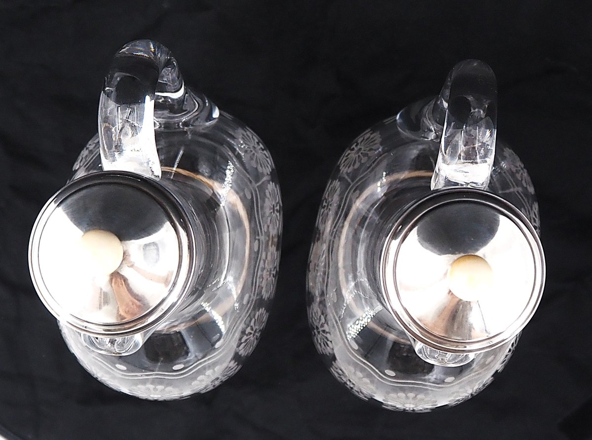 Baccarat, Pair Of Engraved Crystal And Solid Silver Decanters, In Excellent Condition.-photo-3