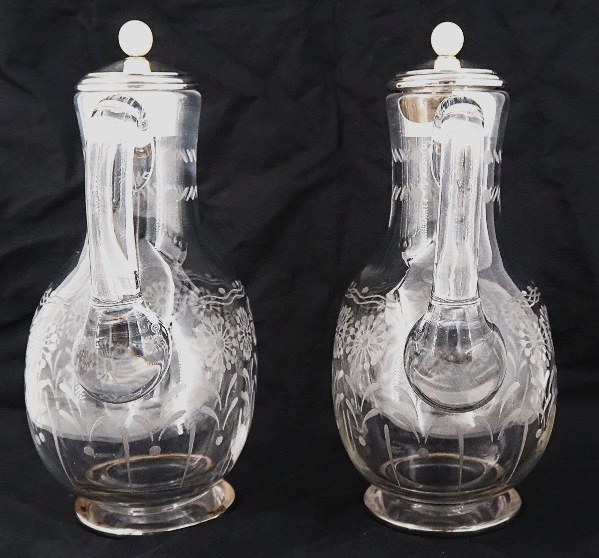Baccarat, Pair Of Engraved Crystal And Solid Silver Decanters, In Excellent Condition.-photo-4