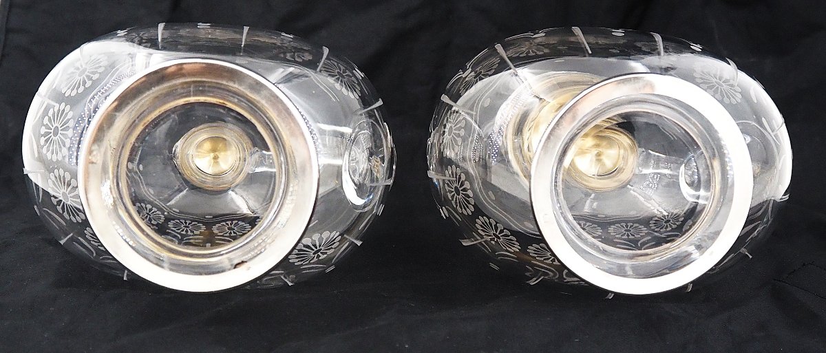 Baccarat, Pair Of Engraved Crystal And Solid Silver Decanters, In Excellent Condition.-photo-5