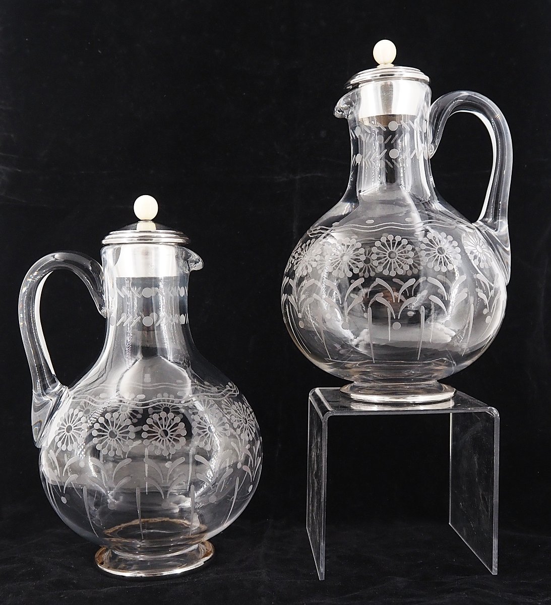 Baccarat, Pair Of Engraved Crystal And Solid Silver Decanters, In Excellent Condition.