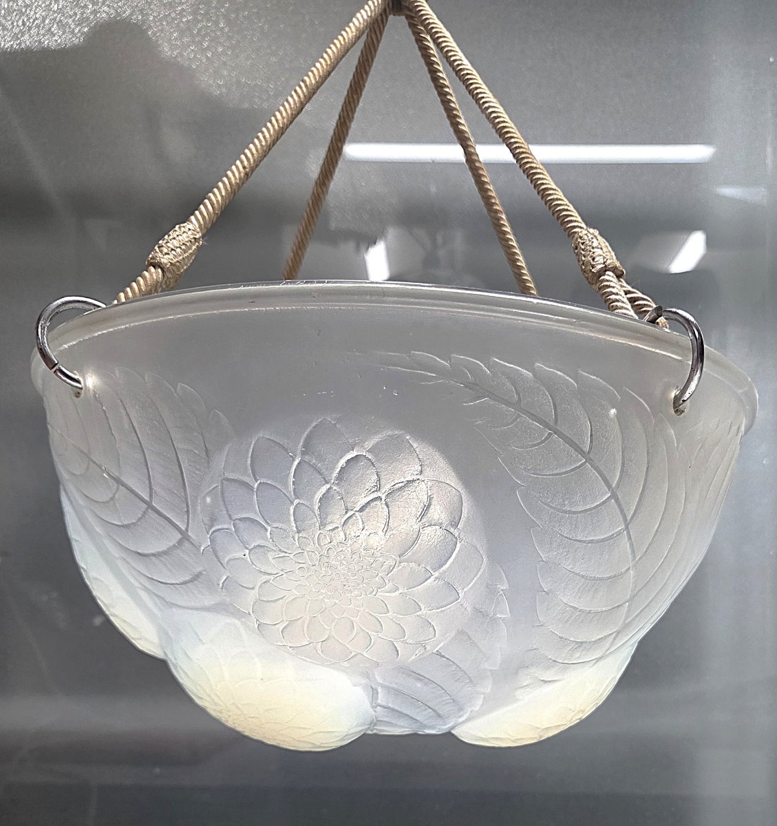 René Lalique, Pendant Light, Opalescent Chandelier, "dalhias," Signed, In Excellent Condition.-photo-2