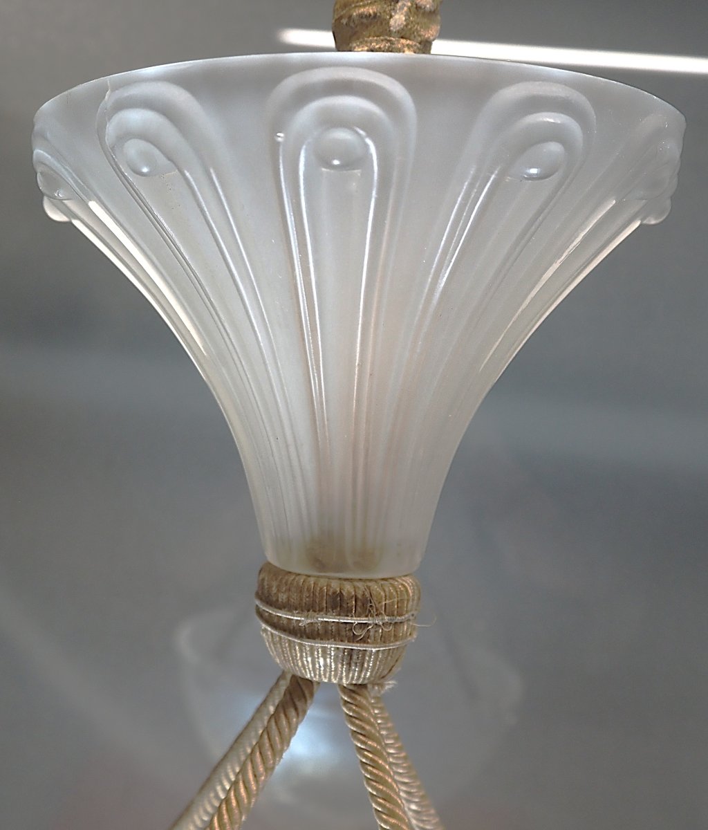René Lalique, Pendant Light, Opalescent Chandelier, "dalhias," Signed, In Excellent Condition.-photo-1