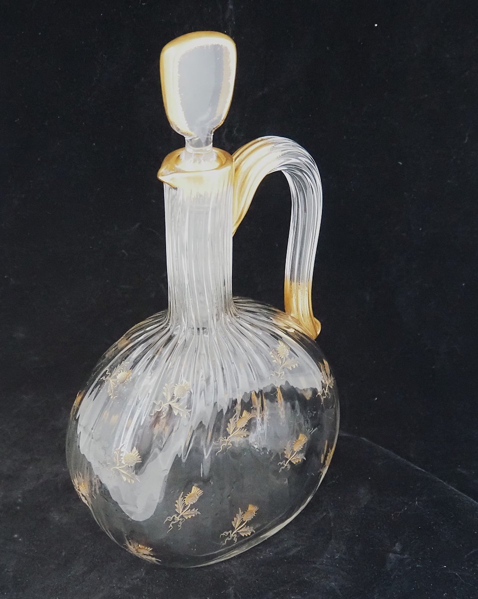 Daum Nancy, Thistle-patterned Decanter, Engraved, Gilded, Crystal, In Very Good Condition.-photo-2