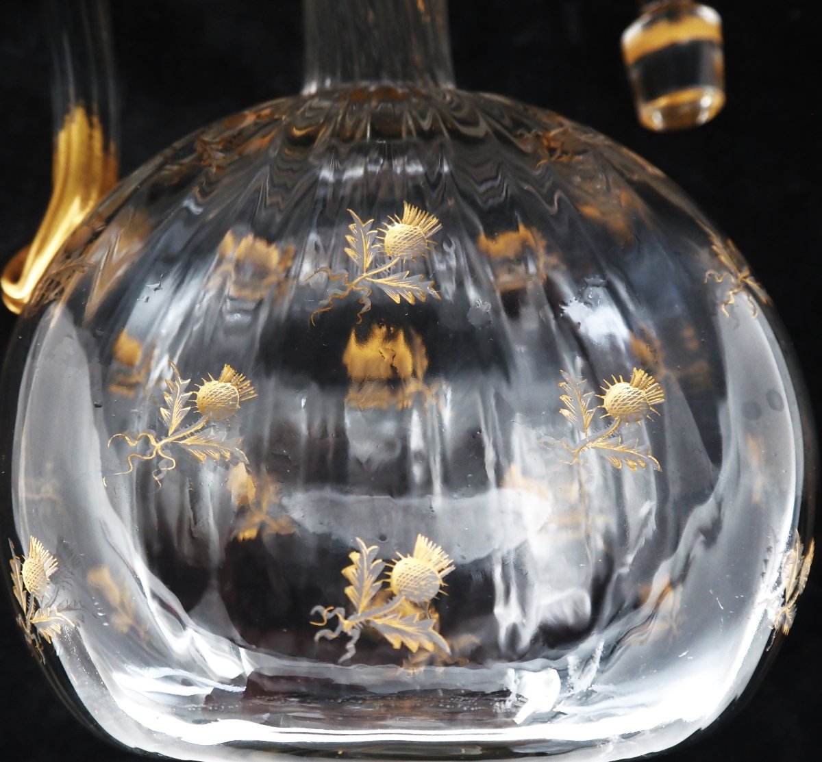 Daum Nancy, Thistle-patterned Decanter, Engraved, Gilded, Crystal, In Very Good Condition.-photo-3