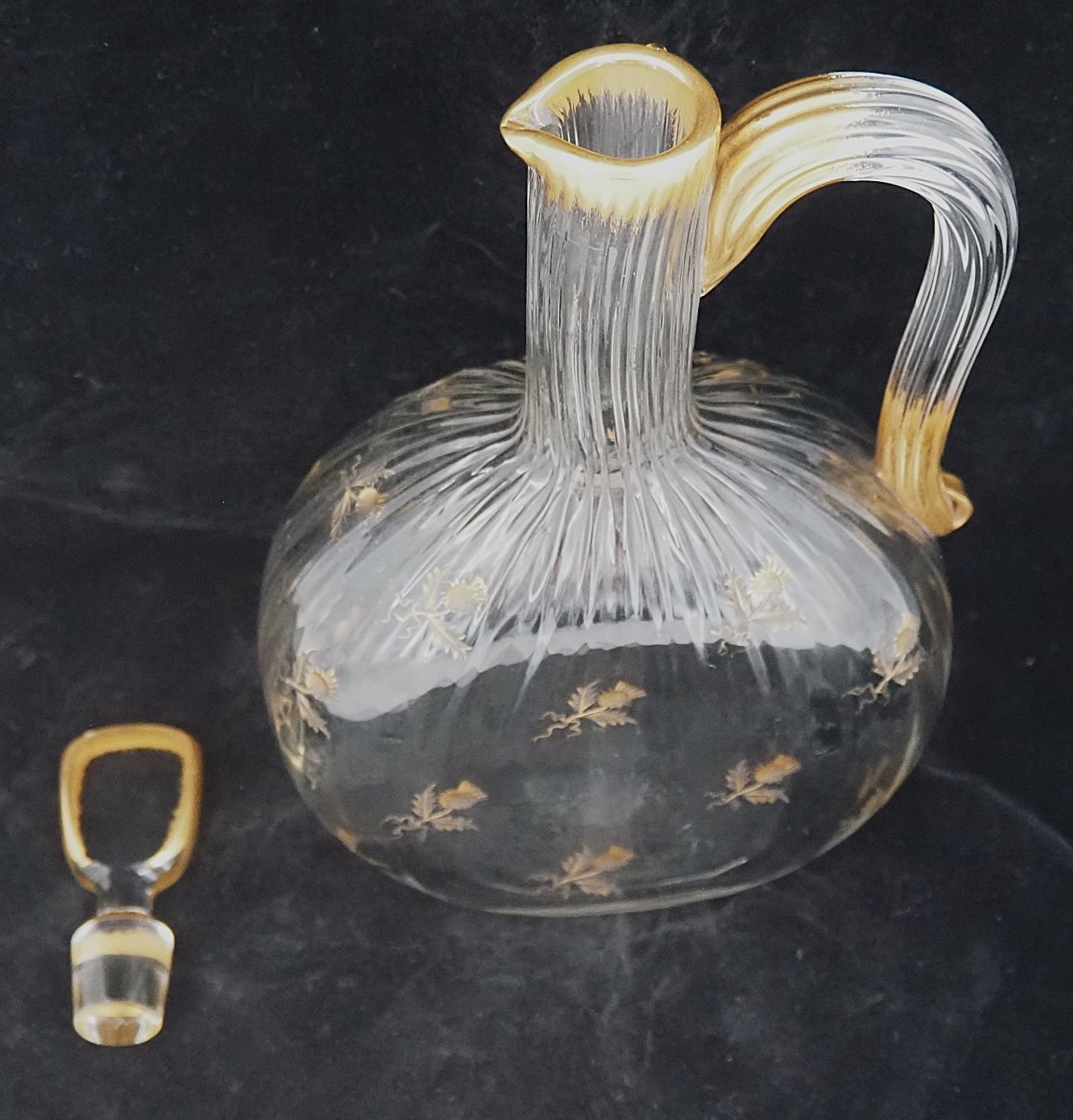 Daum Nancy, Thistle-patterned Decanter, Engraved, Gilded, Crystal, In Very Good Condition.-photo-4