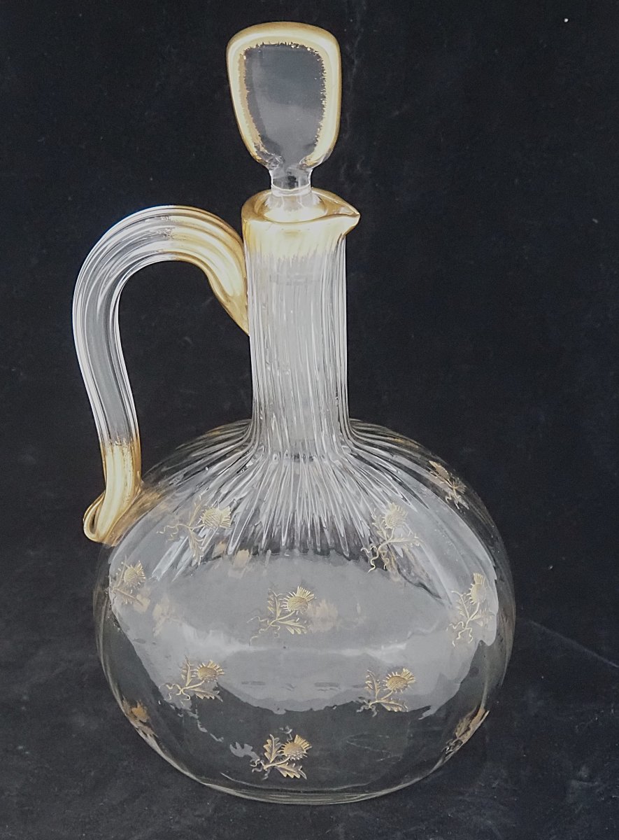 Daum Nancy, Thistle-patterned Decanter, Engraved, Gilded, Crystal, In Very Good Condition.-photo-2