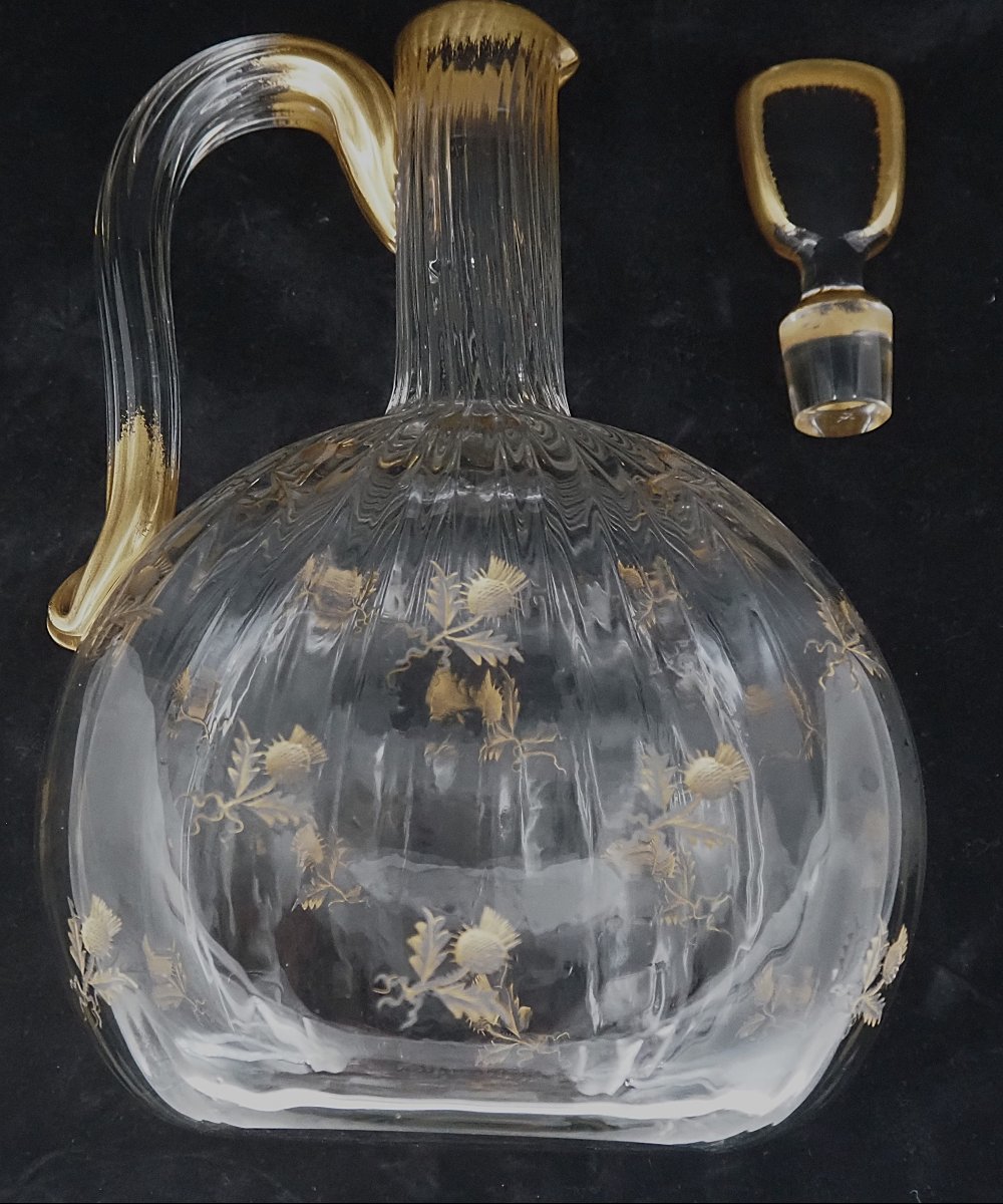 Daum Nancy, Thistle-patterned Decanter, Engraved, Gilded, Crystal, In Very Good Condition.-photo-5