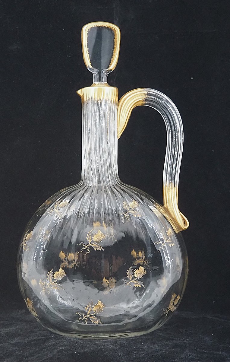 Daum Nancy, Thistle-patterned Decanter, Engraved, Gilded, Crystal, In Very Good Condition.