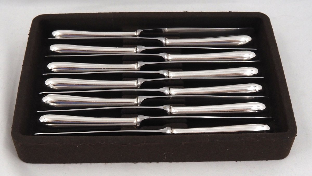 Christofle modèle Baguette, 12 couteaux de table en métal argenté, en parfait état.-photo-8