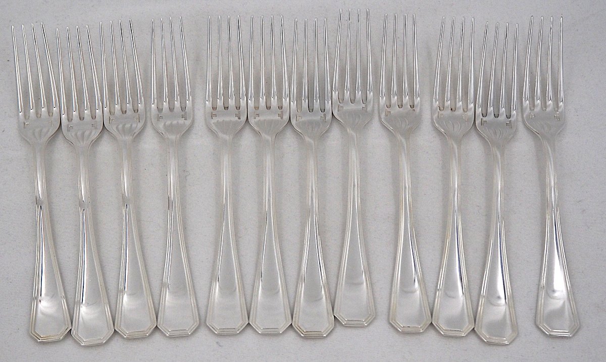 Christofle modèle América, 12 fourchettes à entremets, 17 cm, métal argenté, excellent état.-photo-2