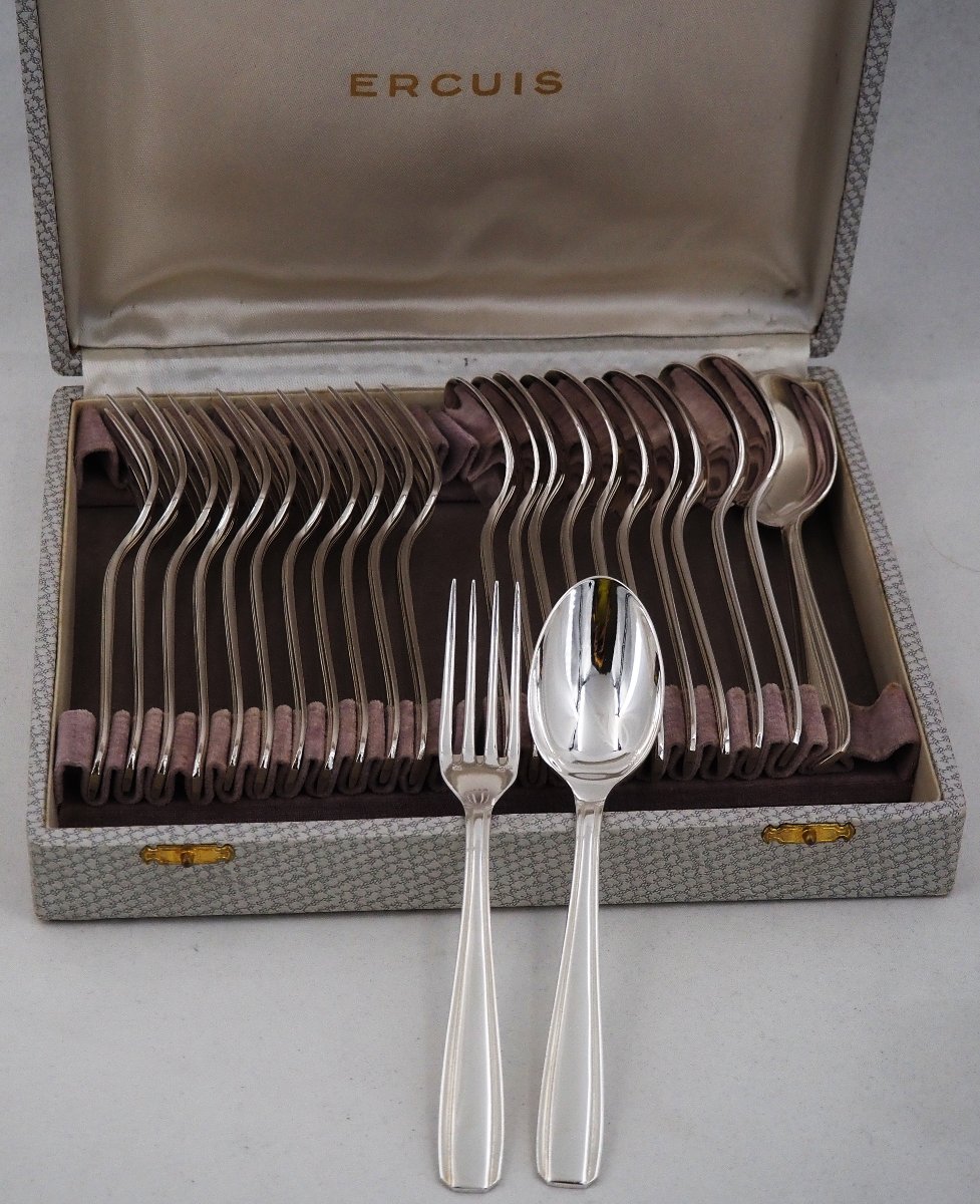 Art Deco-style Ercuis Set, 12 Dessert Sets, 24 Pieces, 16 Cm, In Excellent Condition.