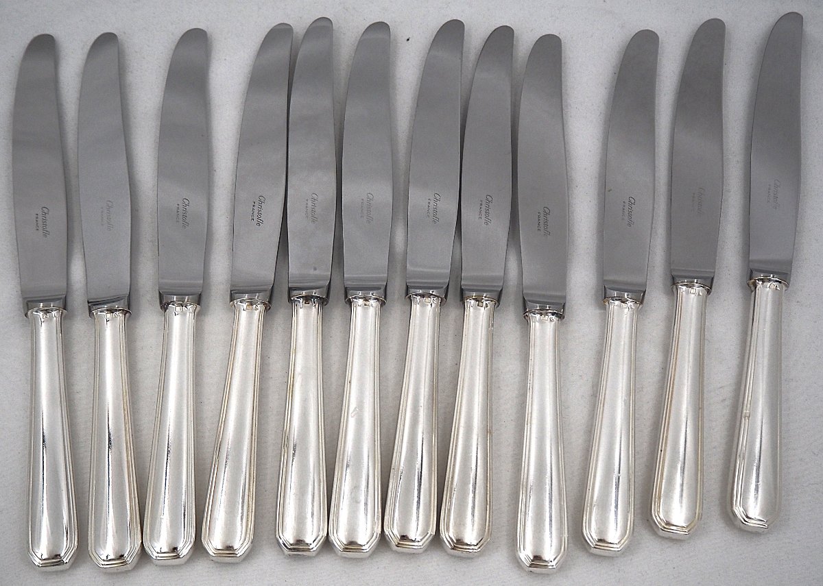 Christofle "américa" Model, Art Deco, 12 Table Knives, Silver-plated Metal, Excellent Condition.