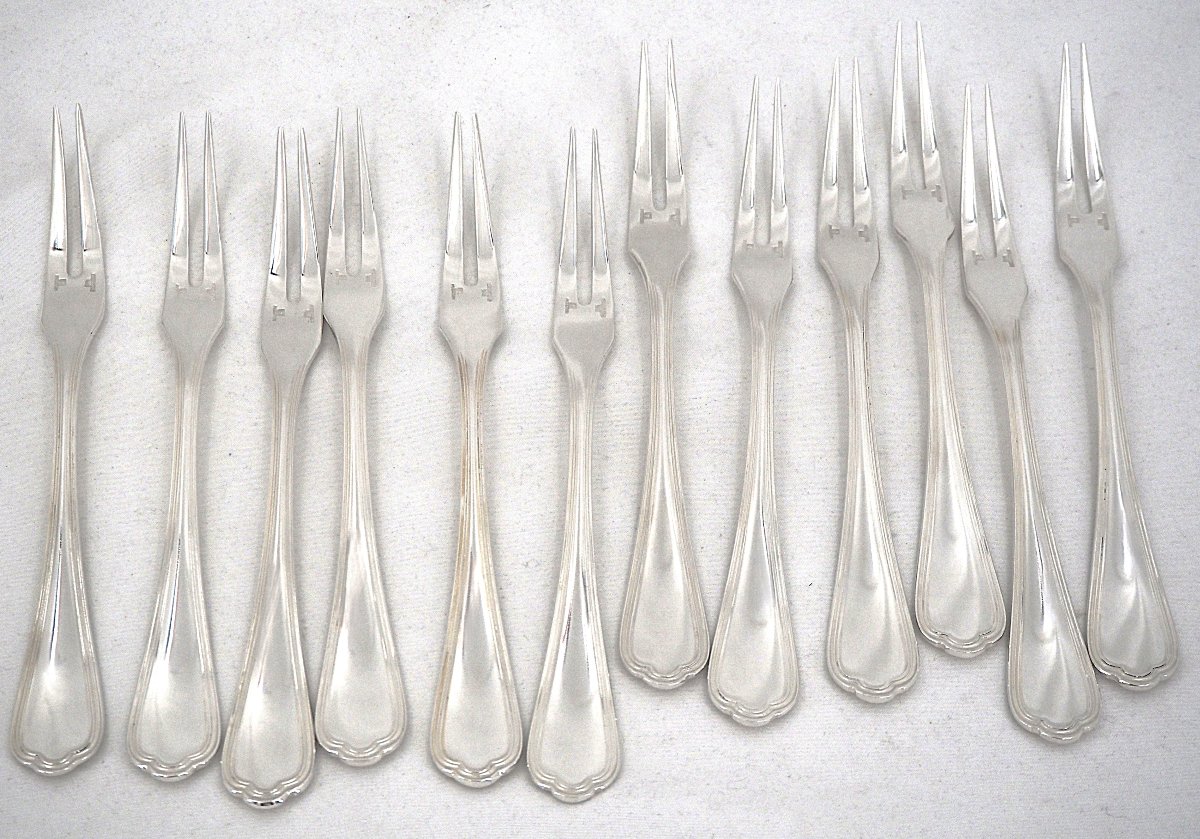 Christofle Spatours Model, 12 Snail And Shellfish Forks, Silver-plated, 17 Cm.-photo-2
