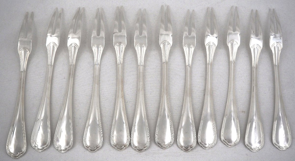 Christofle Spatours Model, 12 Snail And Shellfish Forks, Silver-plated, 17 Cm.-photo-4