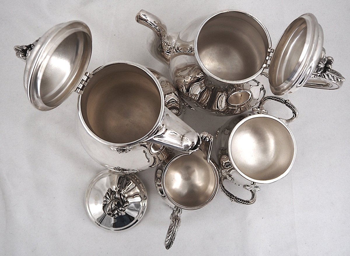 Christofle Marly Model, 4-piece Coffee And Tea Set, Coffee Pot, Teapot, Sugar Bowl, And Milk Jug.-photo-4