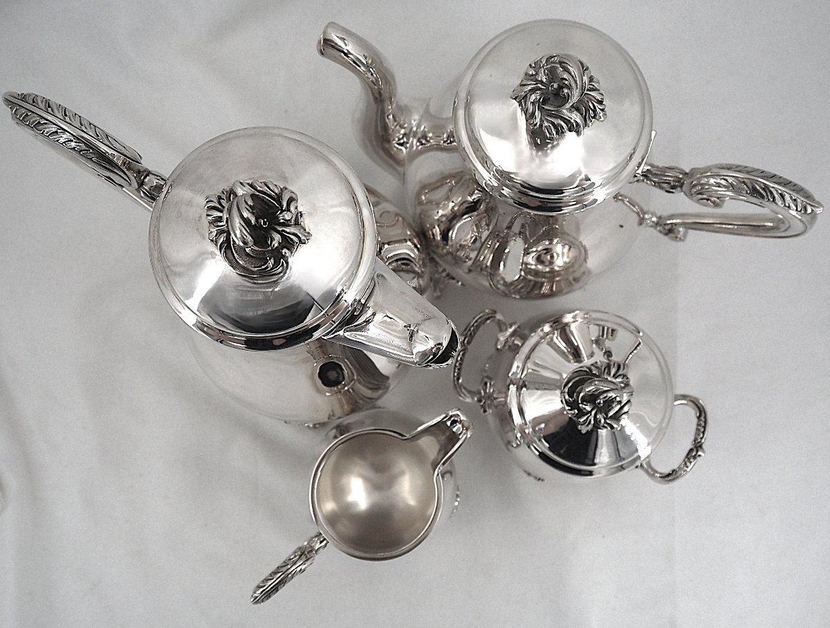 Christofle Marly Model, 4-piece Coffee And Tea Set, Coffee Pot, Teapot, Sugar Bowl, And Milk Jug.-photo-6