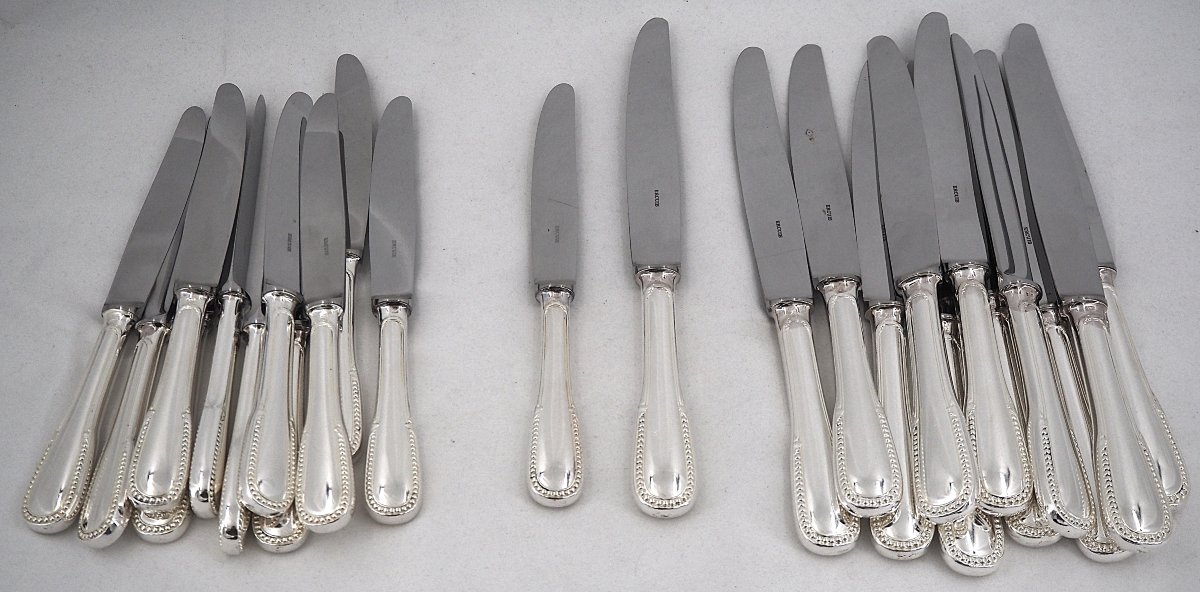 Ercuis modèle Perles, 24 couteaux, 12 de table + 12 à fromage, métal argenté, proches neufs.-photo-2