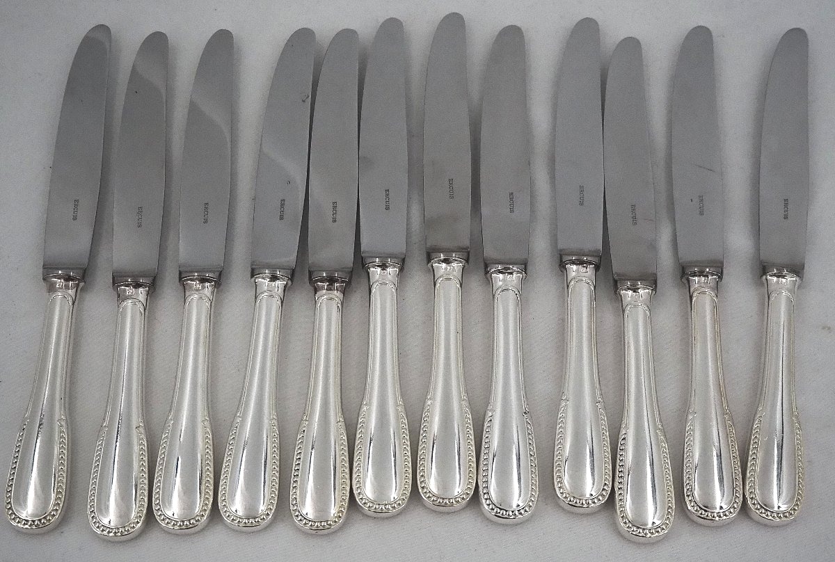 Ercuis modèle Perles, 24 couteaux, 12 de table + 12 à fromage, métal argenté, proches neufs.-photo-2