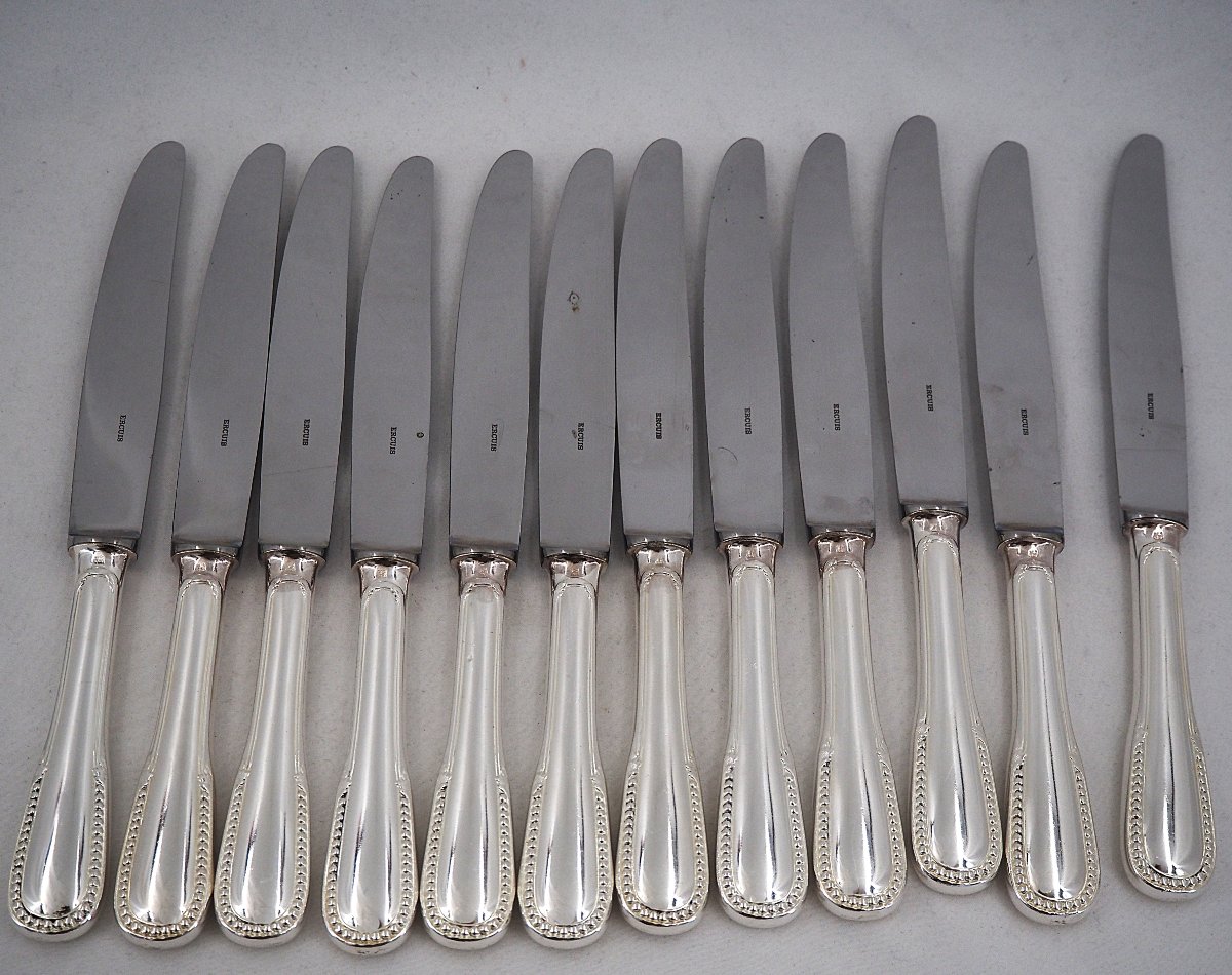 Ercuis modèle Perles, 24 couteaux, 12 de table + 12 à fromage, métal argenté, proches neufs.-photo-4
