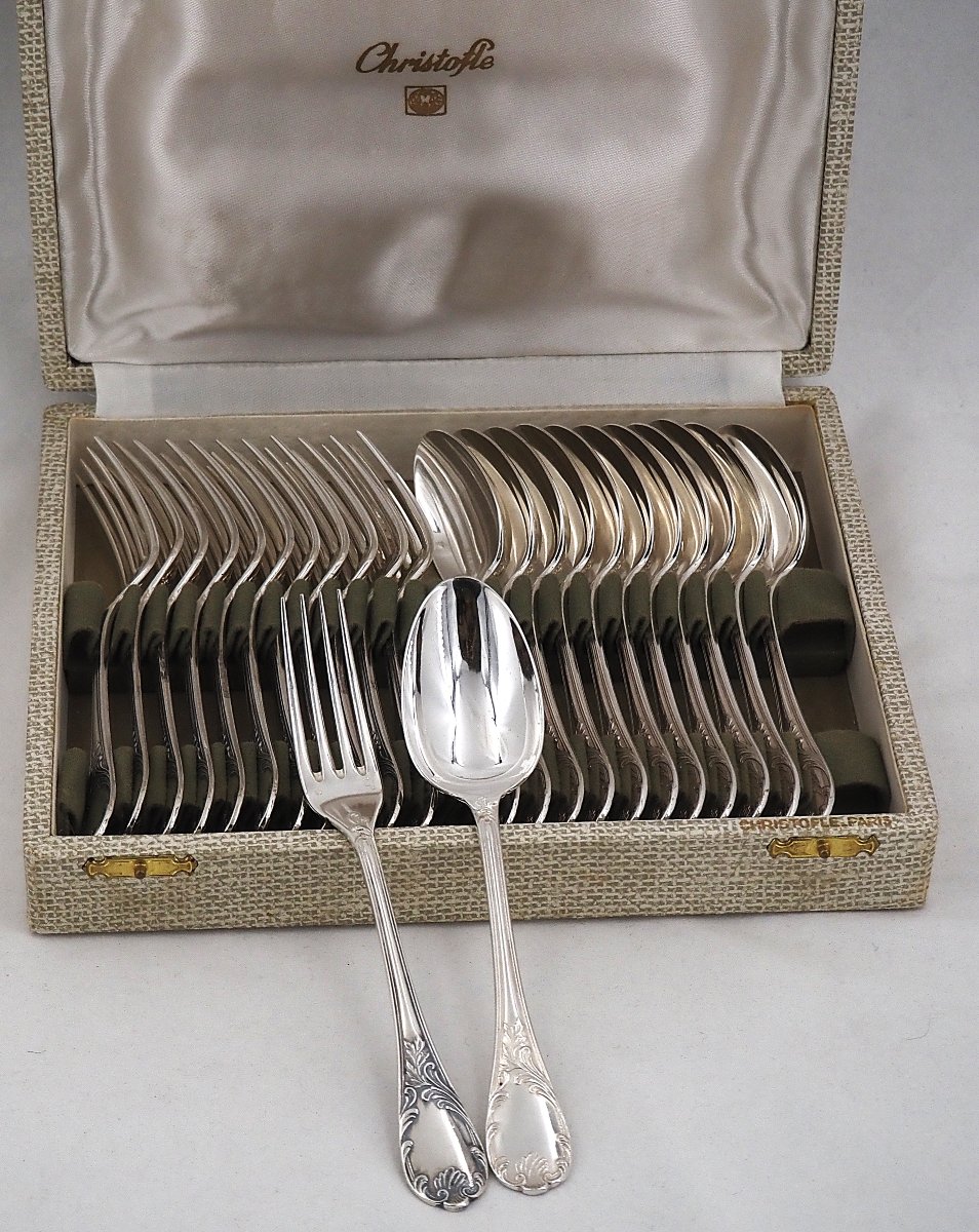 Christofle Marly Model, 12-piece Dessert Set, 24 Pieces, Silver-plated, 17 Cm.