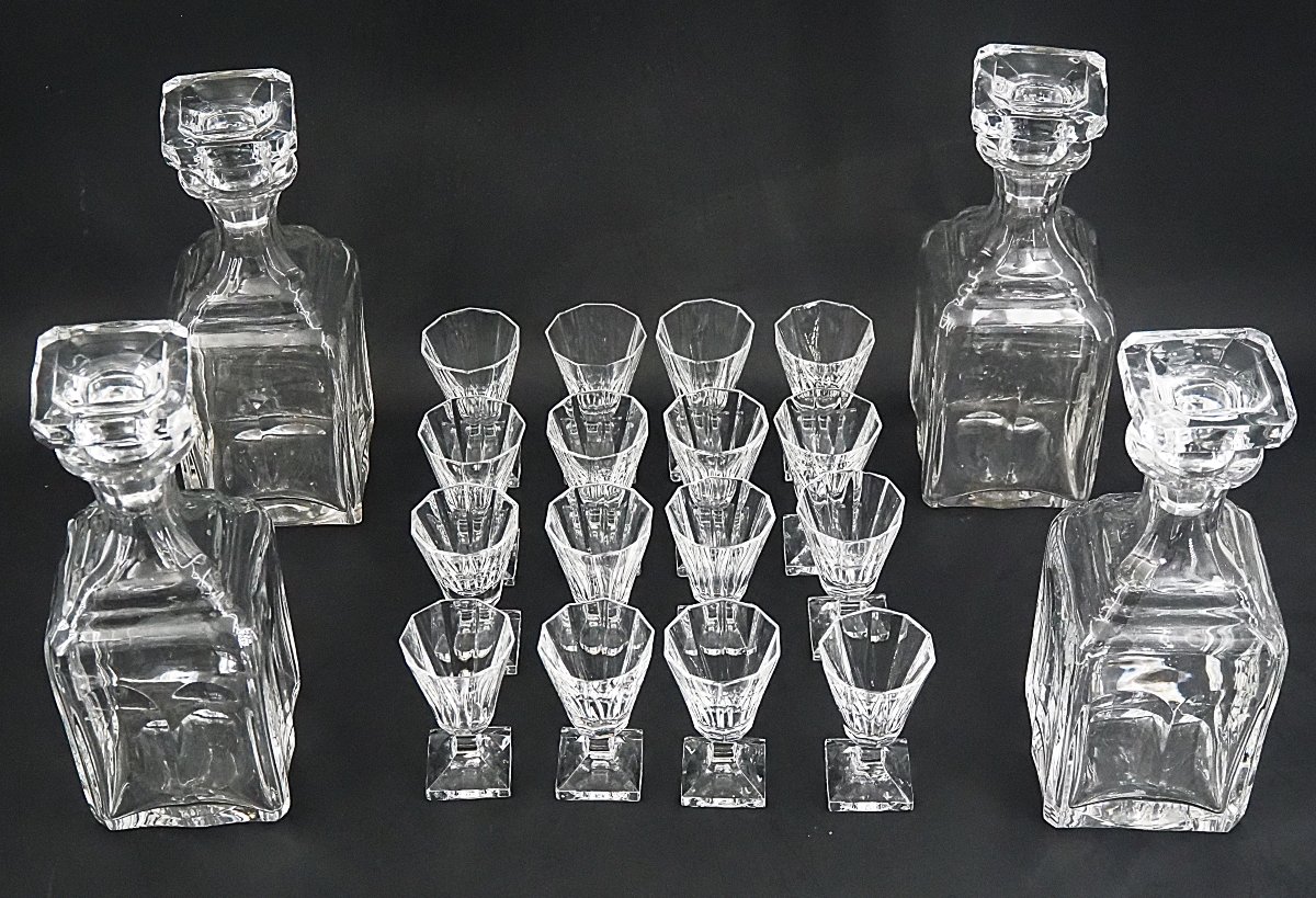 Complete Antique Glassware Set For A Liquor Cabinet, 16 Glasses + 4 Bottles, Cut Crystal.-photo-1