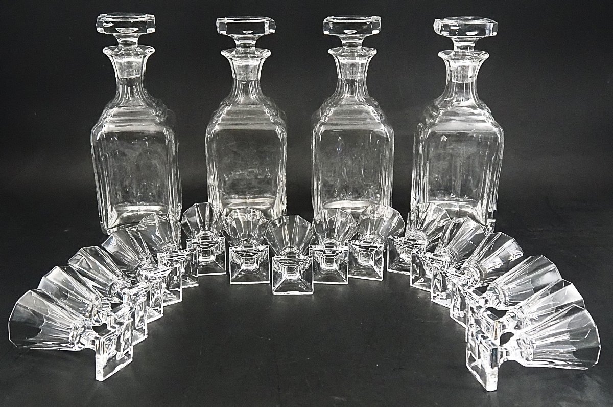 Complete Antique Glassware Set For A Liquor Cabinet, 16 Glasses + 4 Bottles, Cut Crystal.-photo-7