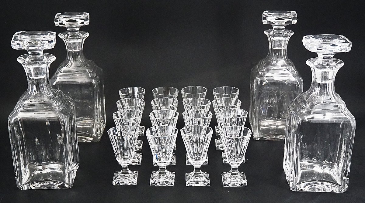 Complete Antique Glassware Set For A Liquor Cabinet, 16 Glasses + 4 Bottles, Cut Crystal.