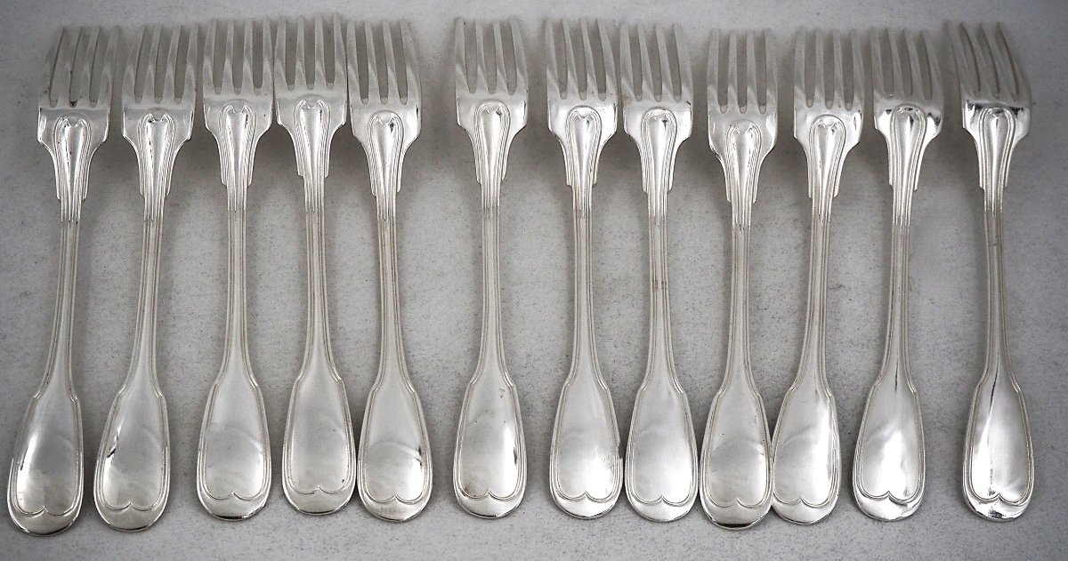 Argental "filet" Model, 12-piece Dessert And Dessert-serving Set, 24 Pieces, 17 Cm, Silver-plated Metal.-photo-3