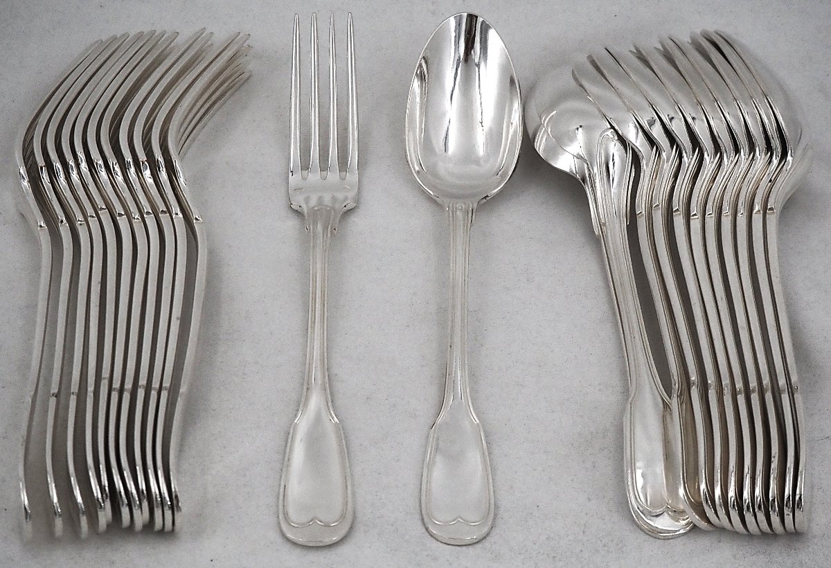 Argental "filet" Model, 12-piece Dessert And Dessert-serving Set, 24 Pieces, 17 Cm, Silver-plated Metal.