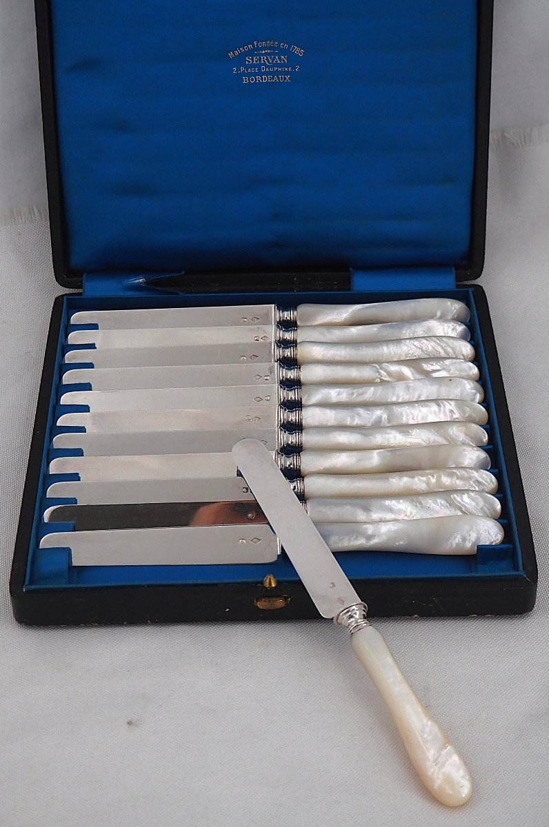 Philippe Berthier, 12 Fruit Knives, Minerve Silver Blades, Mother-of-pearl Handles, In Excellent Condition.