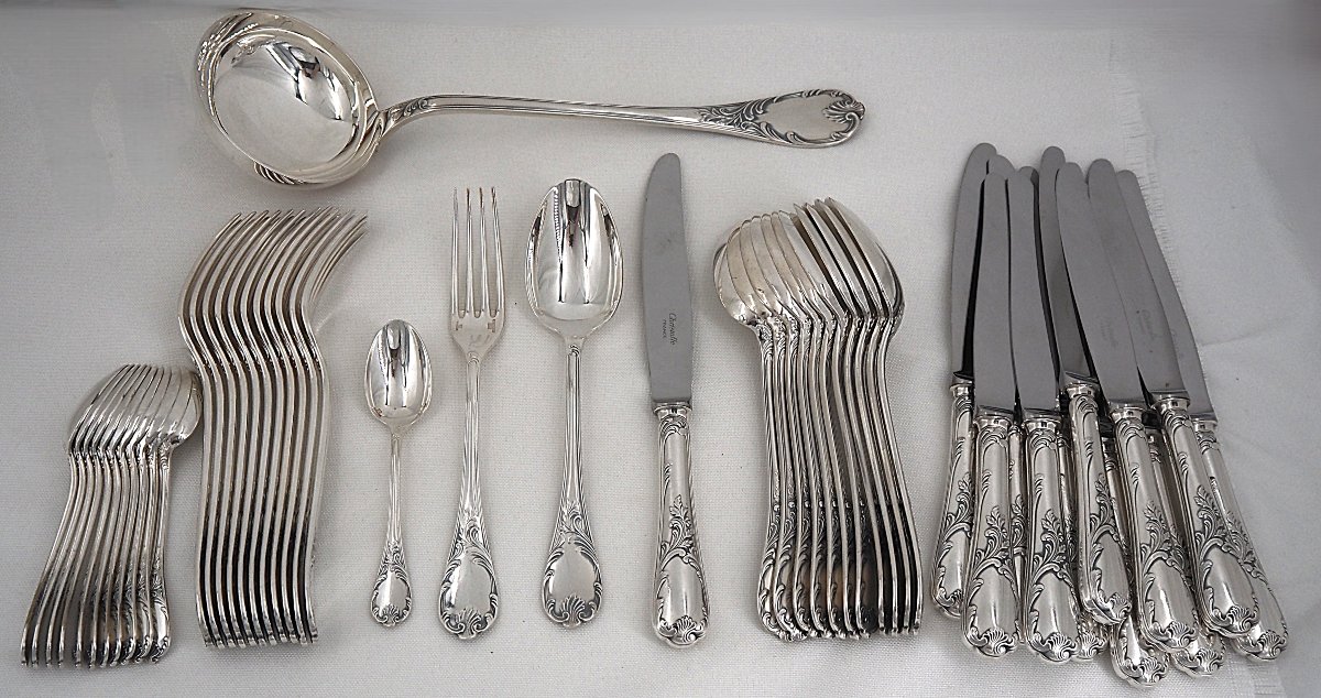 Christofle modèle Marly, ménagère set 49 pièces, couteaux, métal argenté, excellent état.-photo-2