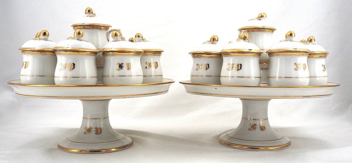 18 Parisian Porcelain Cream Jars, 19th Century, On 2 Original Display Stands, In Excellent Condition.-photo-2